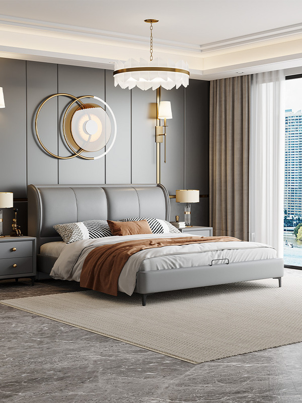 Leather Bed Luxury Master Bedroom Large Bed Modern Simple 1.8m Double Bed High-End Elegant Soft-Packed Solid Wood Bed Storage Bed