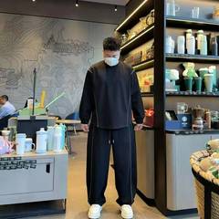 xy-5875-5876秋冬新款慵懒风简约百搭直筒裤男女同款立体剪裁套装