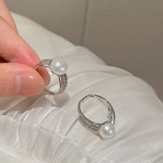 诸暨淡水珍珠戒指满镶锆石双排碎钻马眼戒指14k注金厚圆珍珠百搭