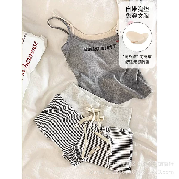 Cartoon Pajamas with Breast Pads for Women, Summer New Style, Sweet Hot Girl Suspenders, Shorts, Home Wear Set, Girly Style