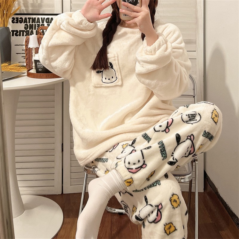 可爱法兰绒睡衣女款秋冬套头卡通ins风加绒加厚珊瑚绒冬季家居服