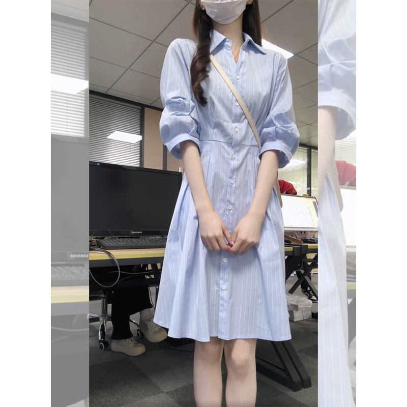 OK-149 Корейское нишевое голубое платье, женское летнее новое дизайнерское платье с воротником-поло в полоску на талии, подкладка