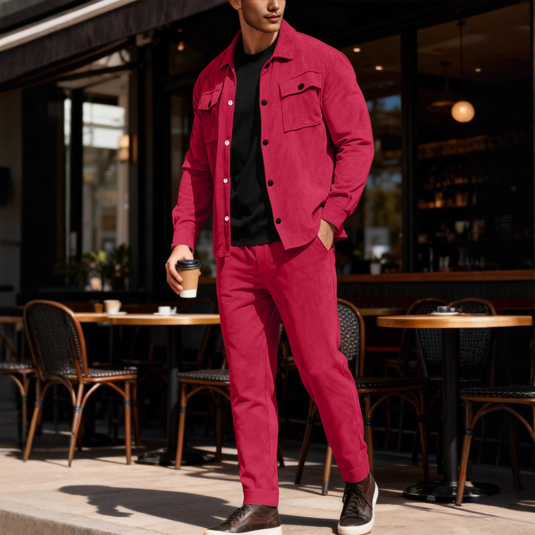 Nuevo transfronterizo Europa y América Amazon TK estilo americano pesado chaqueta casual de hombre pantalones casuales de piel de seda de color sólido conjunto