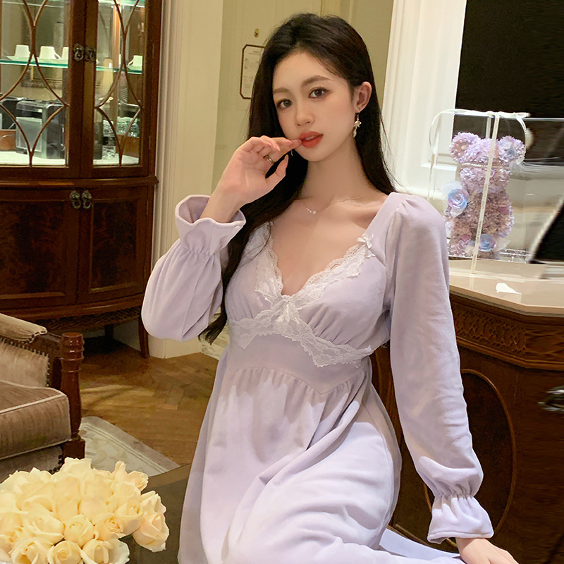 睡裙女款秋冬季2025新款长袖蕾丝性感睡袍冬季甜美公主睡衣家居裙