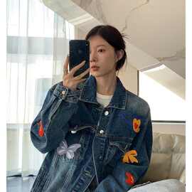 美式复古刺绣牛仔外套女春秋重工夹克衫蝴蝶休闲上衣宽松夹克潮