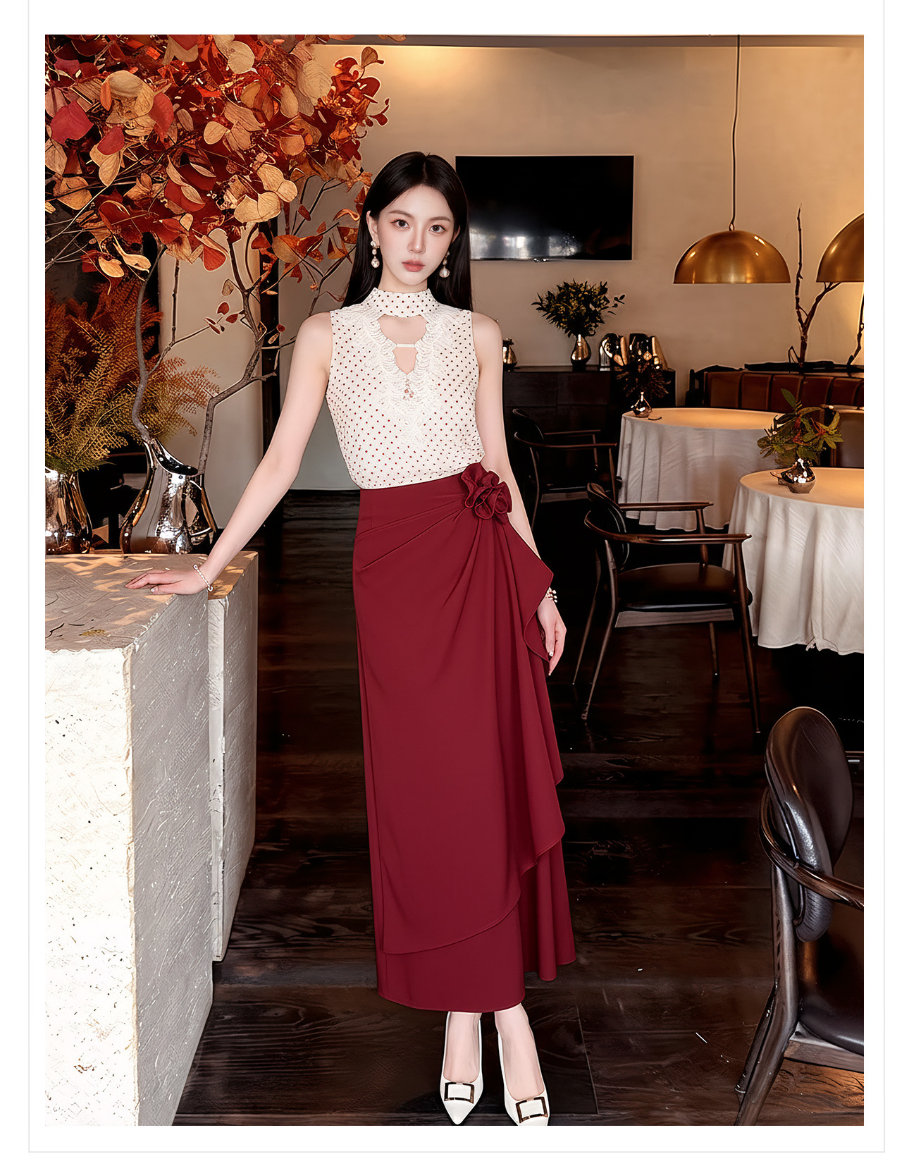 Bộ áo vest và chân váy ngắn họa tiết chấm bi phong cách tân cổ điển mùa hè — Trang phục [Vest+Half Dress], nửa váy, Trang phục [Áo vest+quần short], quần đùi chi tiết 16