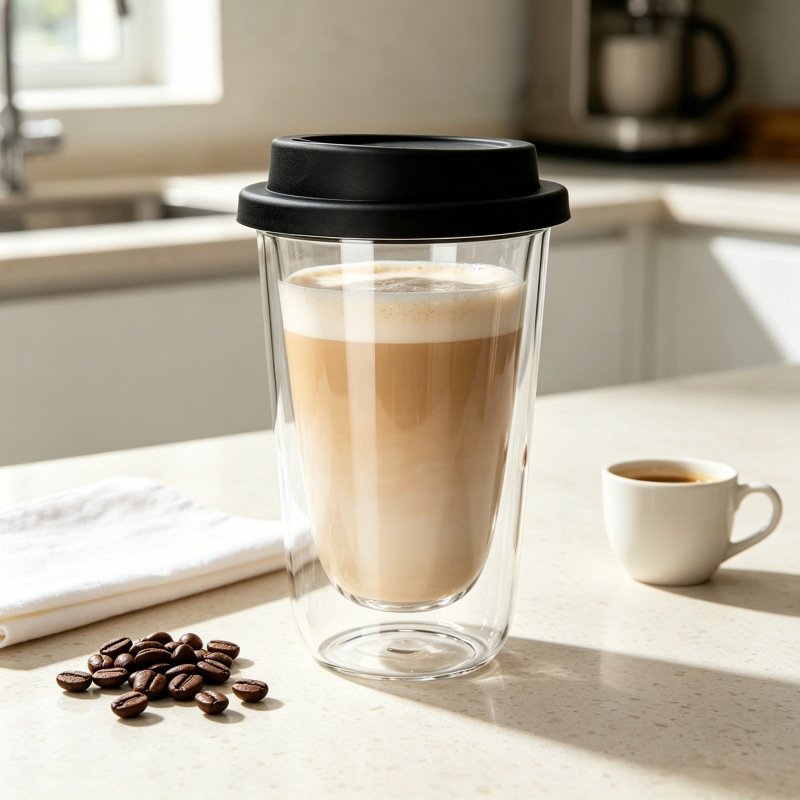 Double-Layer High Borosilicate Travel Coffee Cup, Office Cafe Cold Brew Iced Americano, Silicone Lid Insulated Glass Cup