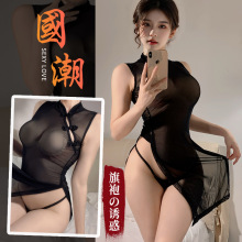 中式旗袍辣妹性感睡衣高开叉旗袍性感网纱透视战袍情趣内衣连体衣