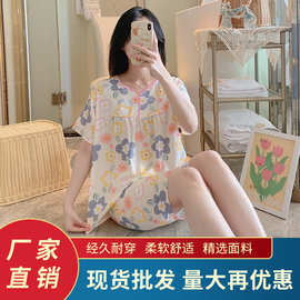 新款棉绸睡衣女夏季薄款人棉家居服韩版可爱甜美少女外穿大码套装