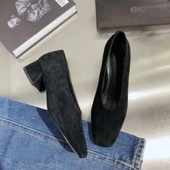 里外全皮女鞋粗跟小方头V口单鞋羊翻皮简约复古低跟鞋通勤奶奶鞋