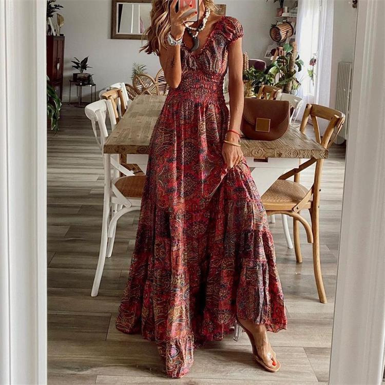 2024 European and American Cross-Border New Style Bohemian Style Waist-Cinching Long Dress Printed Large Hem Dress for Women
