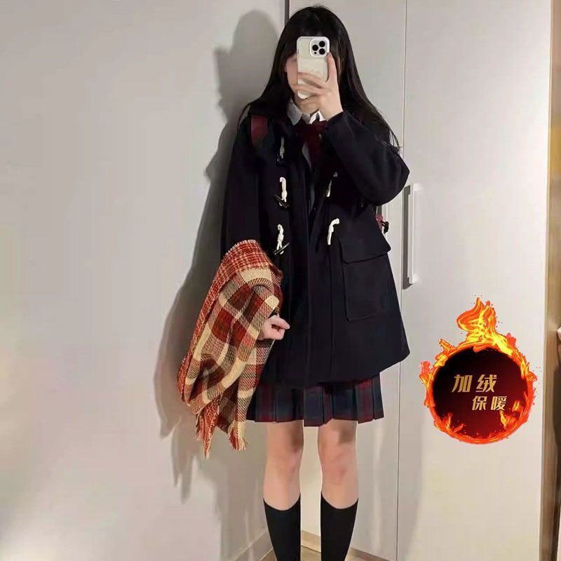 日系jk制服牛角扣毛呢加绒外套大衣秋冬新款小个子中长款日系校供