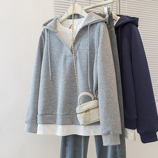 plus size Women's Autumn and Winter Korean-style Loose Grey Fake Two-piece Hooded Sweatshirt Coat chubby girl Slim Shoulder Casual Top