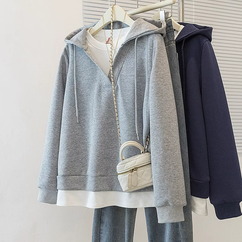Демисезонный комплект, худи, свитшот для отдыха, большой размер, корейский стиль, облегающий