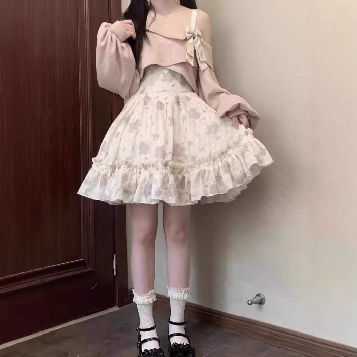 洛丽塔连衣裙秋冬新款学院风碎花吊带裙甜美露肩蓬蓬蛋糕裙少女|undefined