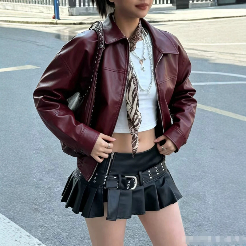 2026 Women's Motorcycle Leather Jacket Regular Style Plus Size Coat Women's Leather Clothing New American Style Red Retro Chic