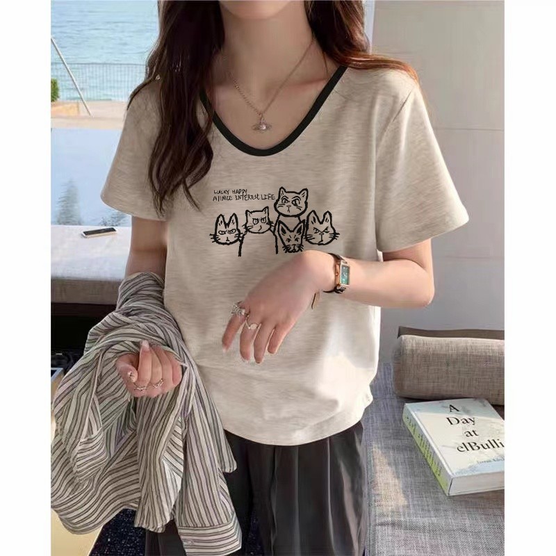 Pure Cotton Right Shoulder V Neck Short-Sleeved T-Shirt for Women in Summer, Loose, Lazy Style, Chic Bottoming, Casual and Versatile Top
