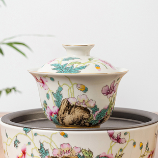 Dehua Ceramic Sancai Covered Bowl Dehua White Porcelain Pastel Medium Tea Set Ceramic Covered Bowl Sheep Fat Jade Covered Bowl
