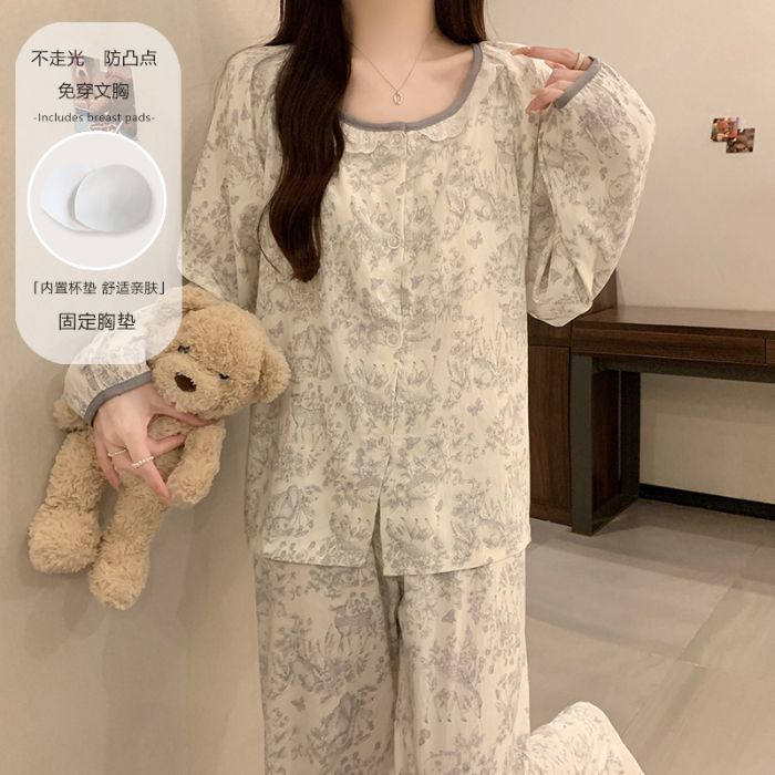 甜美小香风睡衣女秋季新款云朵棉圆领开衫长袖带固定胸垫睡衣套装|undefined