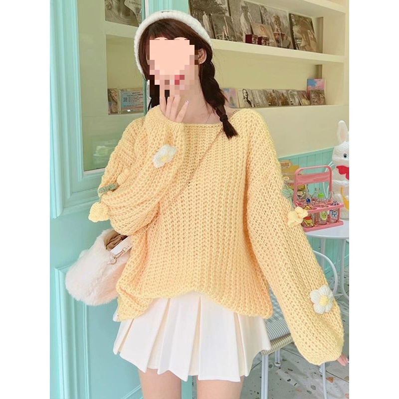 2025 New Soft Waxy Milky Yellow Thick Woolen Thickeneded Pullover Sweater for Women Loose Lazy Style Sweet Knitted Top