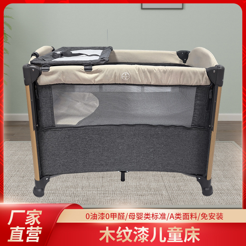 Cama de juegos para bebés pintada de madera con tela de malla transparente de alta densidad con tablero de lavado plegable para dormir cama protectora para bebés domésticos