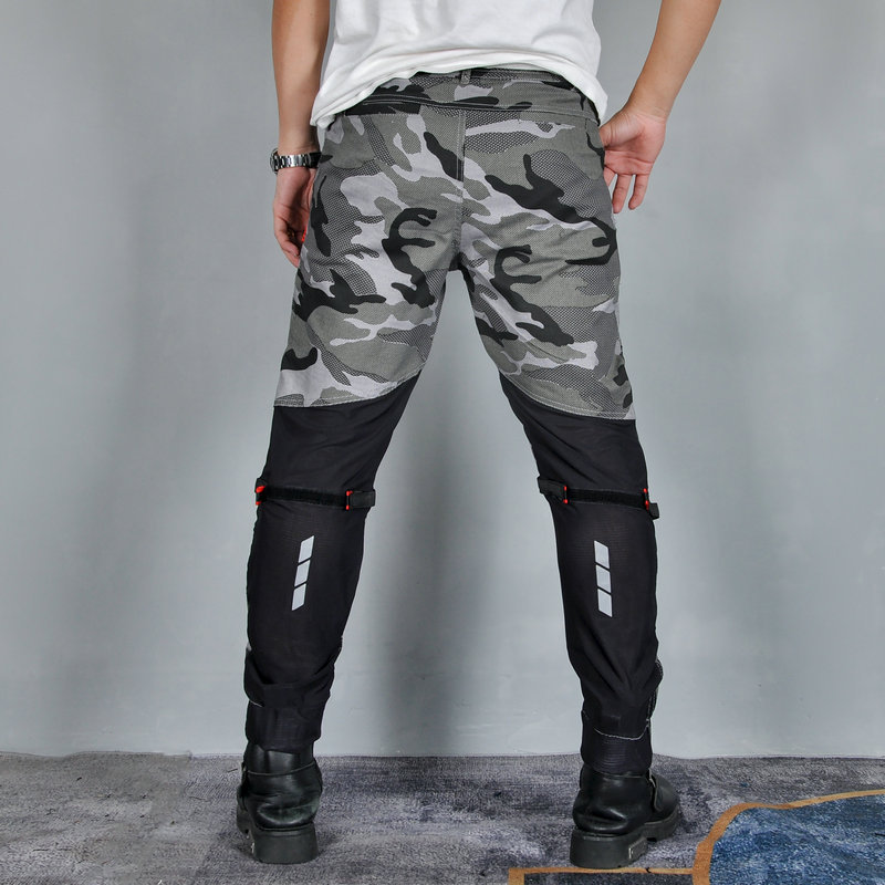 Volero motocicleta verano flujo de aire tobillo-atado pantalones de montar malla de dos vías transpirable camuflaje motocicleta anti-caída pantalones hombres