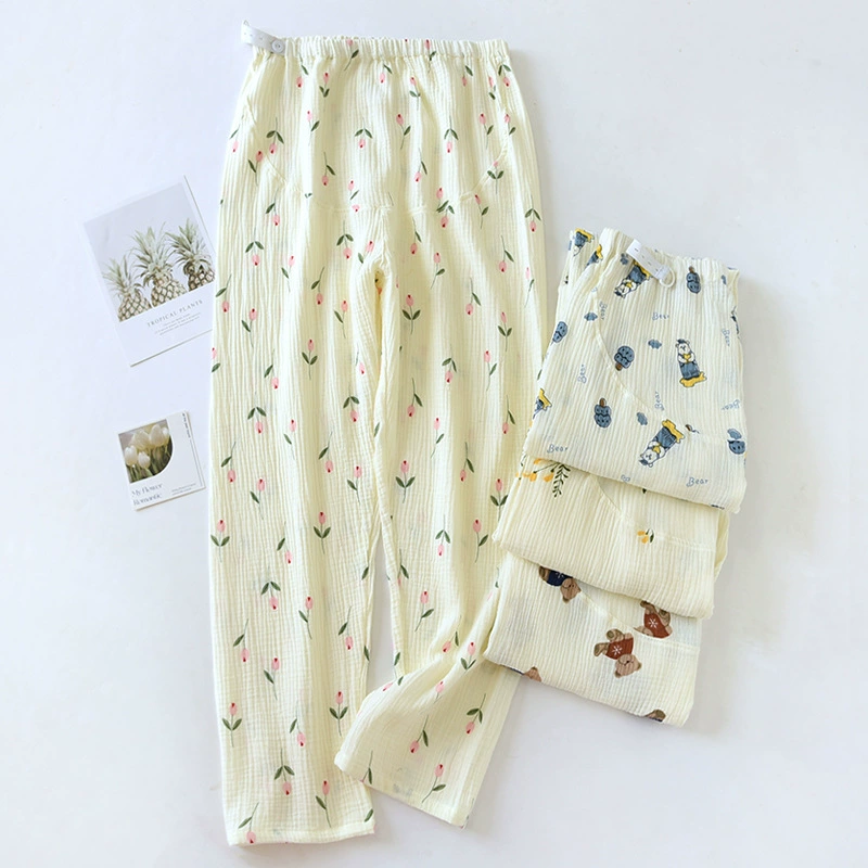 Весенне-осенние хлопковые домашние брюки для беременных, тонкие марлевые летние прямые пижамные брюки с регулируемой талией и принтом больших размеров