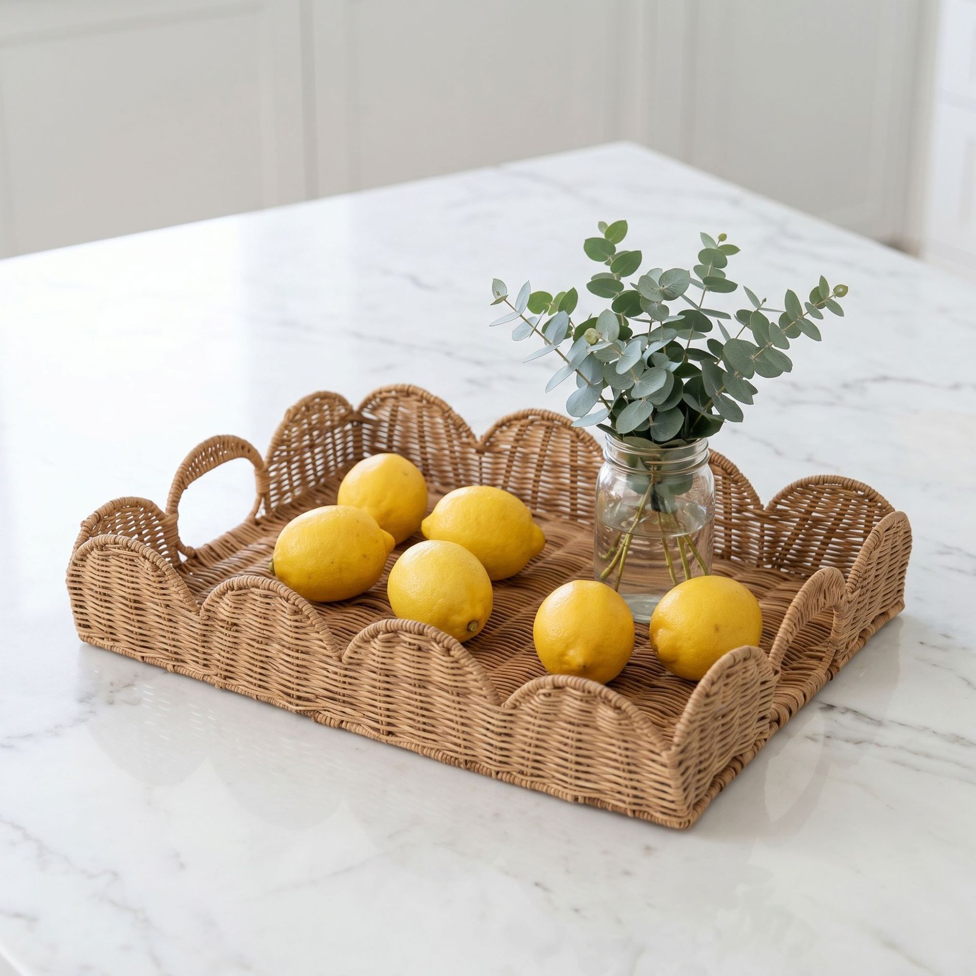 Bandeja decorativa de ratán natural tejido para B&B, bandeja redonda de almacenamiento para el hogar con doble asa, juego de bandejas de ratán tejido
