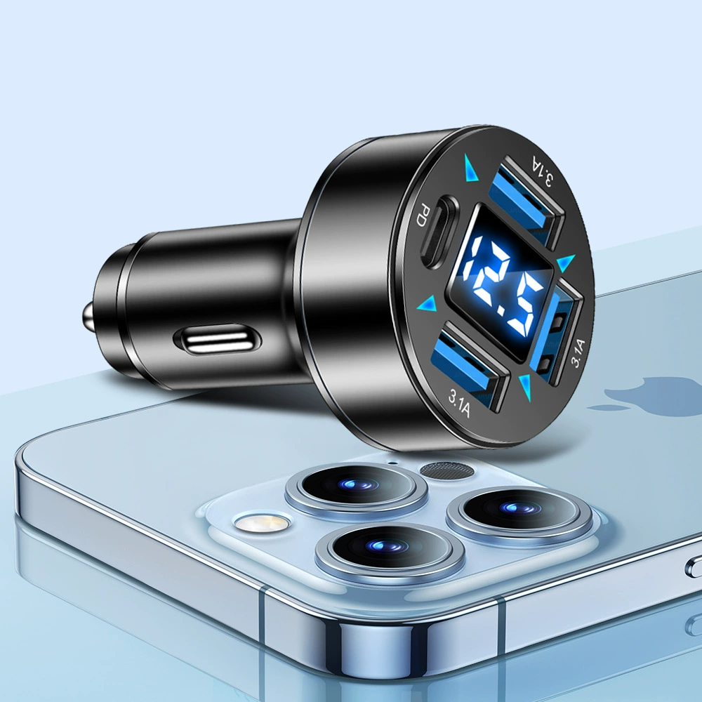 Автомобильное зарядное с четырьмя каналами, дисплей, 3 USB + PD, цифровой индикатор, автомобильное зарядное 3.1A Type-C