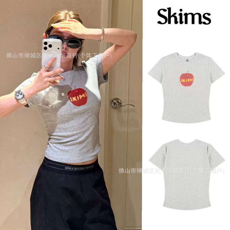 In-stock Korean Skims New York limited edition apple print slim-fit short-sleeve T-shirt, summer hot girl top, available for dropshipping In-stock Korean Skims New York limited edition apple print slim-fit short-sleeve T-shirt, summer hot girl top, available for dropshipping