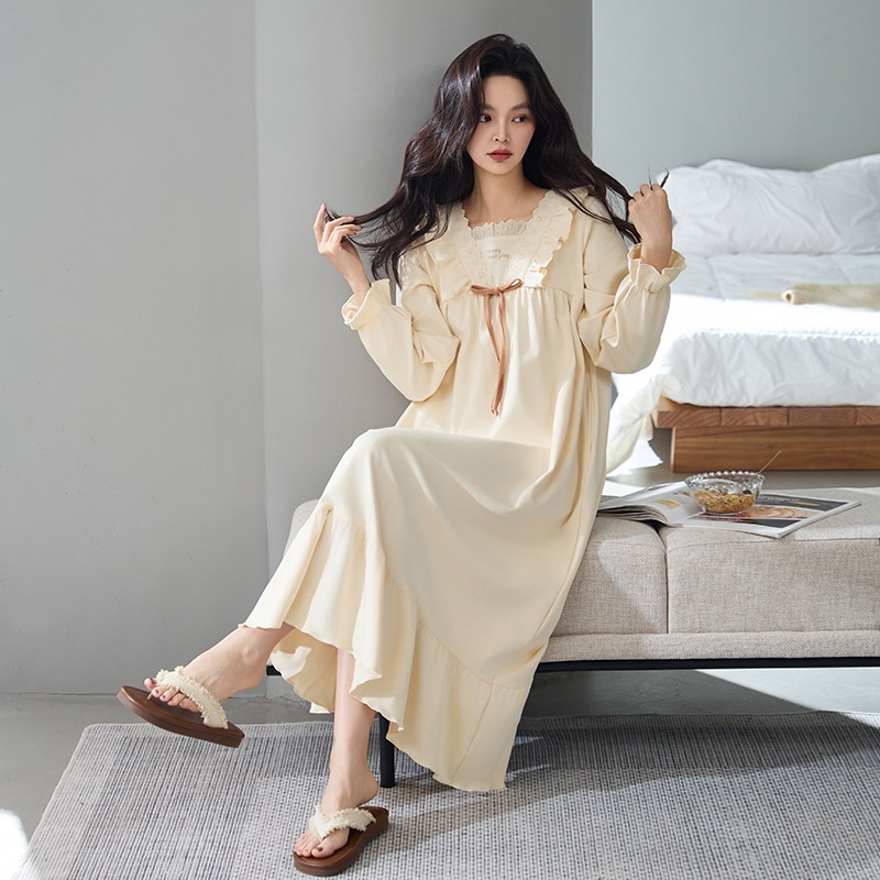 7A Antibacterial 100% Cotton Nightgown Women's Long-Sleeved Spring and Autum Sexy Korean Style Loose High-End Women's Maternity Dress Winter