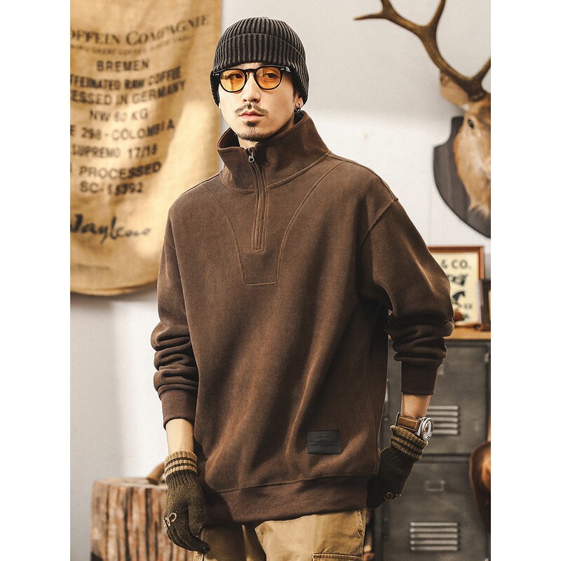 Half Turtleneck Zipper Chenille Corduroy Sweatshirt Men's Autum New Loose Large Size Versatile Casual Jacket Top