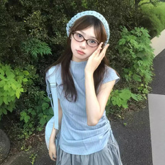 青いストライプの半高襟半袖シャツの女性服の夏の中で長いタイプの見えないファスナーのタックのベルトの修身上着