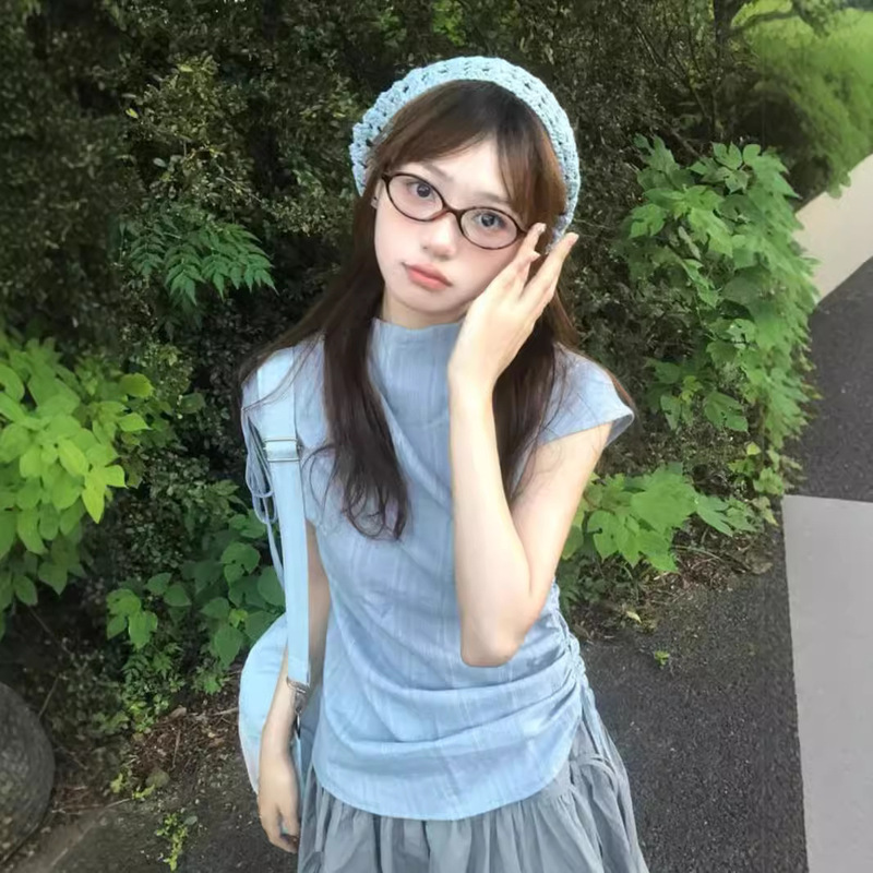 Blue Striped Half-high Collar Short-sleeved Shirt Women's Summer Mid-length Invisible Zipper Pleated Strap Slim-fit Top