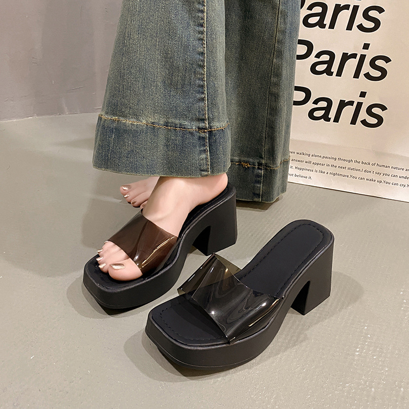 Chaussons hauts grande taille pour femmes, été, extérieur, nouvelles sandales transparentes à une bride, décontractées, semelle épaisse, talon épais, 2025_voghion.com