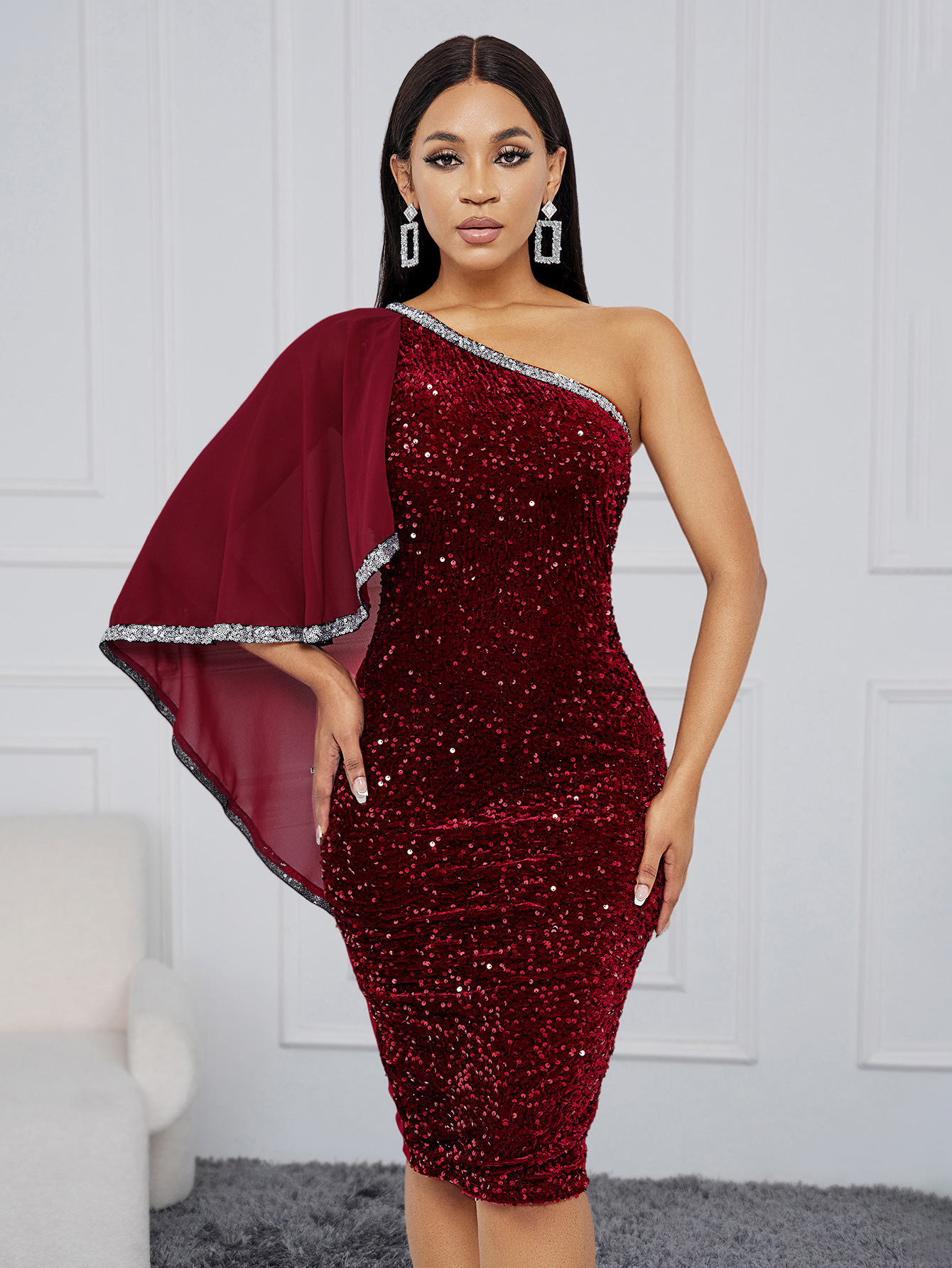 Slim Fit Type Wholesale Sexy Zipper Solid Color Banquet Adult Ceremony One-shoulder Style Sleeveless Sequin Dress Formal Dress/Evening Dress