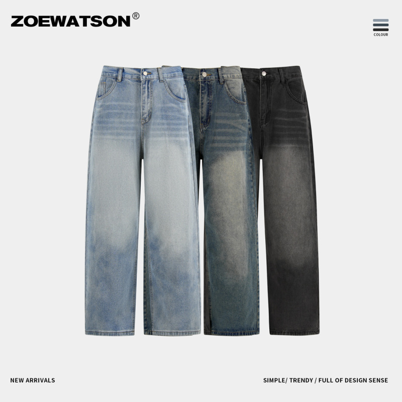 ZOEWATSON Men's American Retro Washed Gradient Wide-Leg Jeans, Loose Straight Versatile Casual Trousers