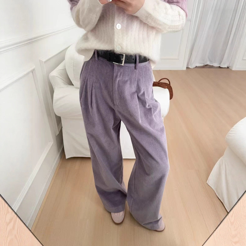 French-Style Casual Pants for Women, Lavender Purple Corduroy High-Waisted Wide-Leg Casual Pants, Straight-Leg Long Pants, New Style French-Style Casual Pants for Women, Lavender Purple Corduroy High-Waisted Wide-Leg Casual Pants, Straight-Leg Long Pants, New Style