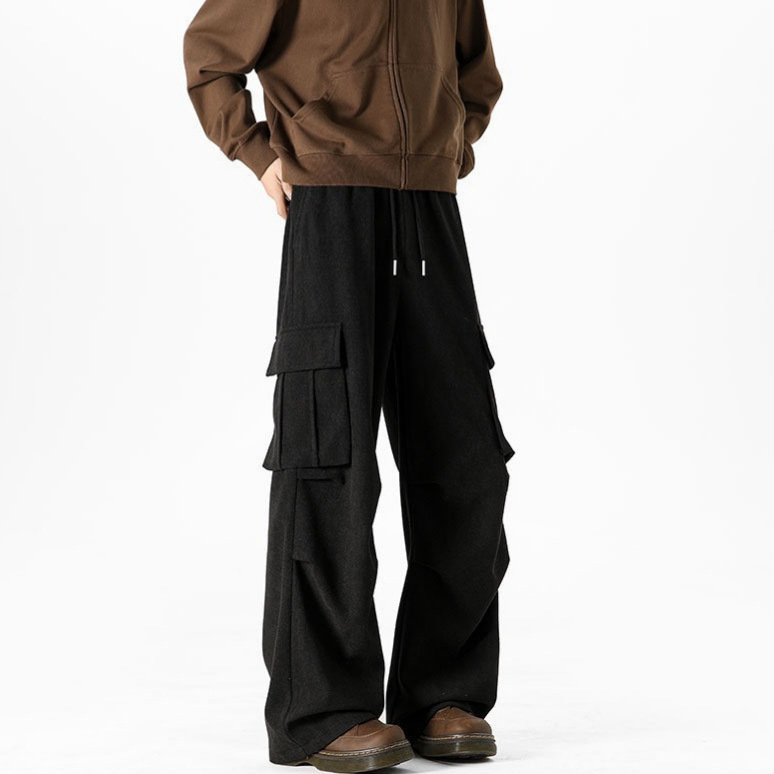 American-style work pants, men's streetwear, loose-fitting, straight-leg, casual pants with multiple pockets, wide-leg long pants, men's fashion