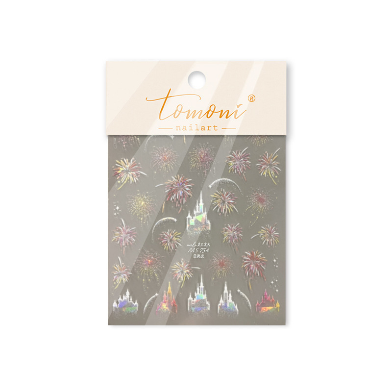 Año Nuevo espléndido fuegos artificiales en relieve pegamento de espalda decoración de uñas Fuegos artificiales de Año Nuevo castillo conchas de luz pegatinas de uñas