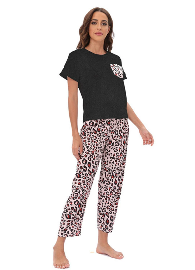 Пижамный комплект женский европейский стиль — топ с коротким рукавом и принтованными брюками, S–XL