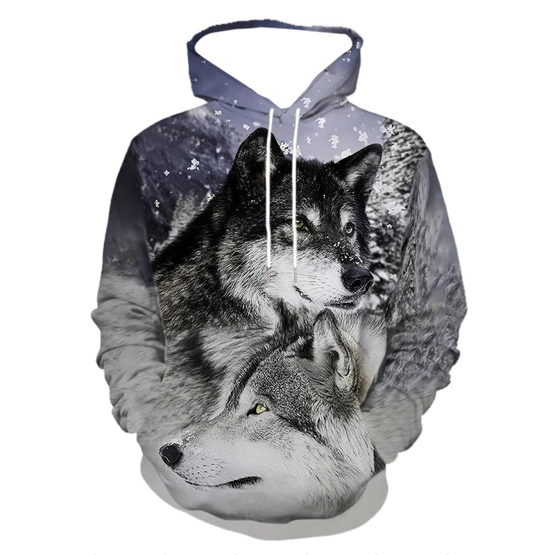 Men's Winter Snowfield Double Wolf Full-Print Sweatshirt, Realistic Natural Style Hooded Hoodie, Trendy Outdoor Streetwear Jacket