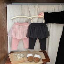 洋气小女孩加绒裤裙秋冬季时尚网纱宝宝加厚假两件保暖打底裤冬天