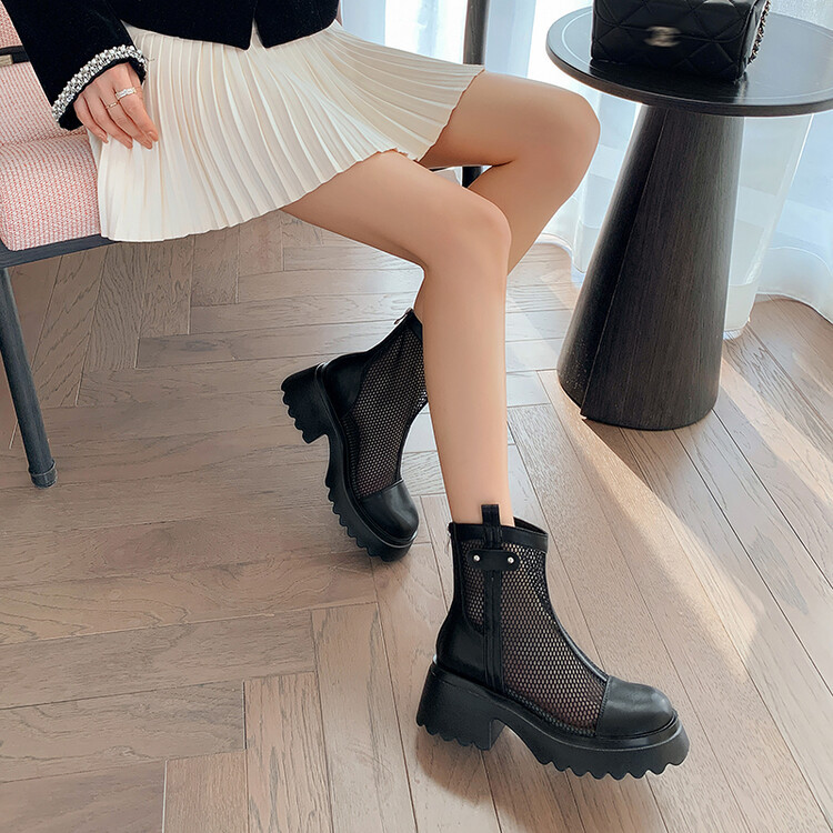 Boot nữ cổ cao đế dày gót bánh xốp da bò lưới thoáng khí xuân hè 2024 — Màu đen, Màu trắng be chi tiết 87