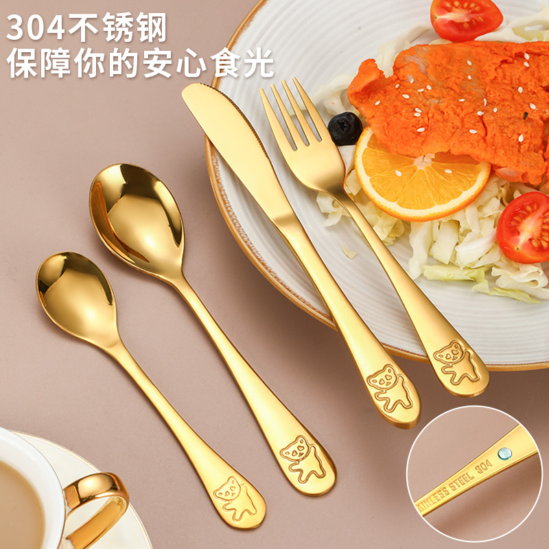 Creativo 304 de acero inoxidable cuchillo para niños, tenedor y cuchara palillos traje de dibujos animados de alto aspecto cuchara de entrenamiento Tenedor Oso vajilla