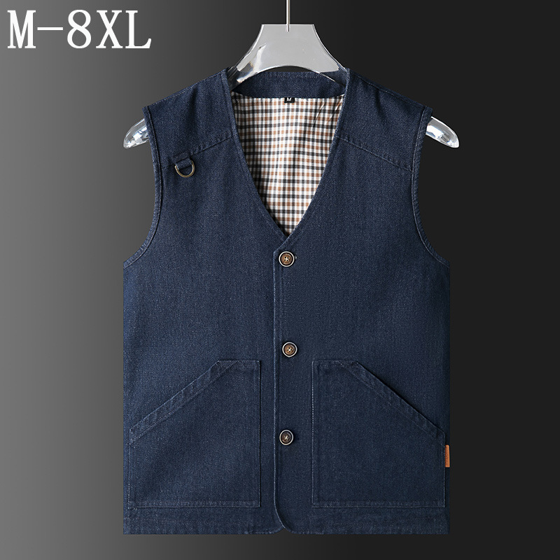 Men's cotton Denim vest plus size multi-pocket cotton vest fishing waistcoat multi-functional cross-border foreign trade V-neck four seasons