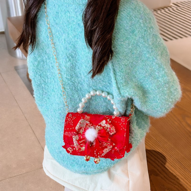 Bolsos rojos para niños, bolsos de arco de perla para chicas, regalos de Navidad y Año Nuevo, bolsos de transporte