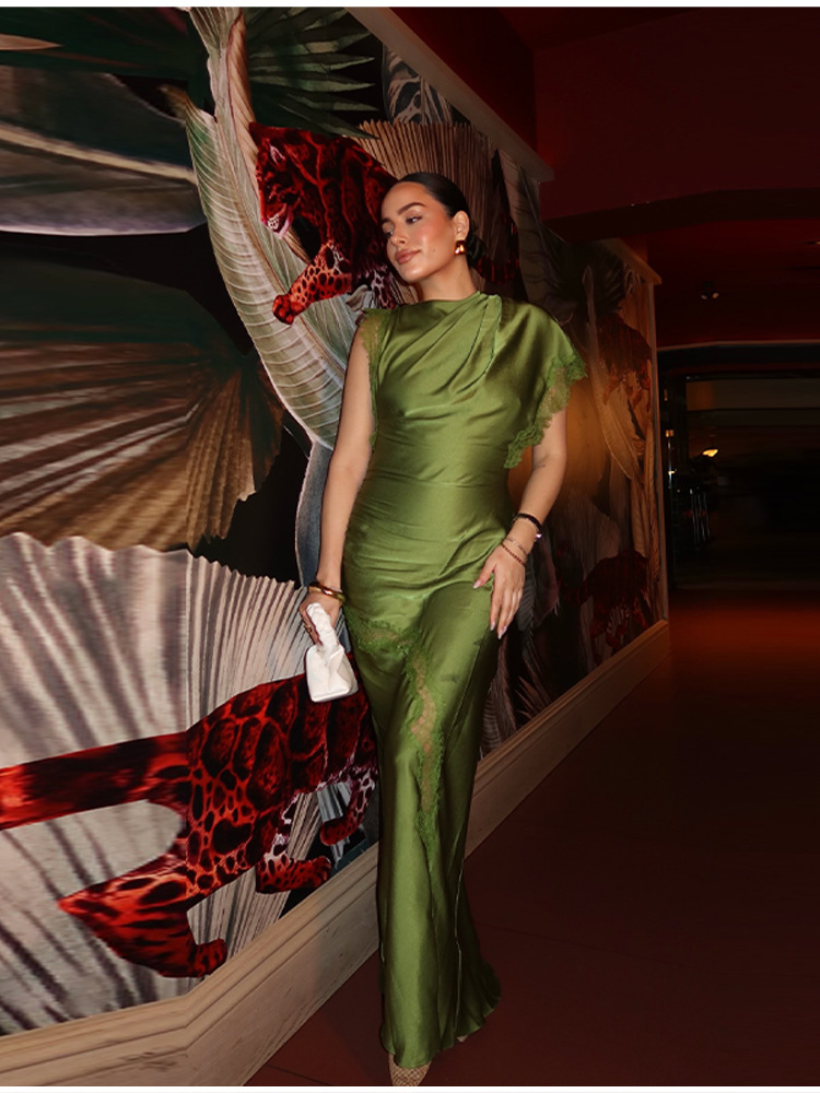 French Retro Satin One Shoulder Dress Slit Design Slim Fit Evening Gown Vintage Formal Party Dress For Women_ecoleips.com