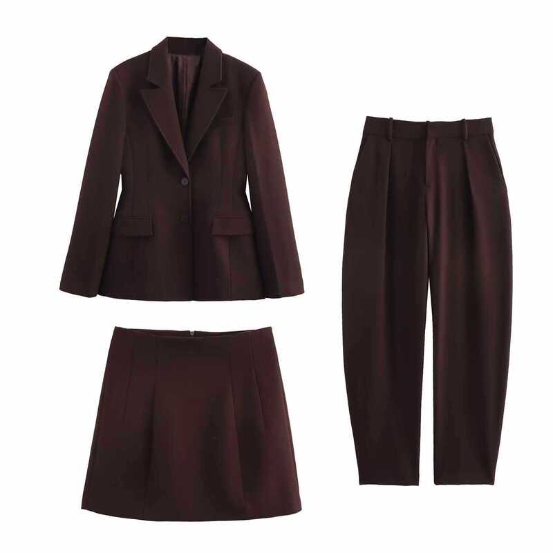 Cross-Border Wholesale Short Skirt Style Suit Jacket + Bucket Pants + Mini Skirt Three-Piece Set for Women//