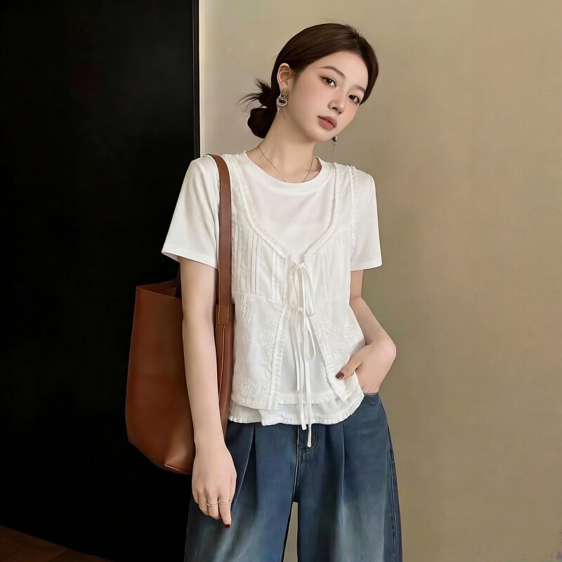 Áo thun nữ tay ngắn cổ tròn phối ren vintage hai lớp buộc nơ — Hai mảnh trắng chi tiết 3